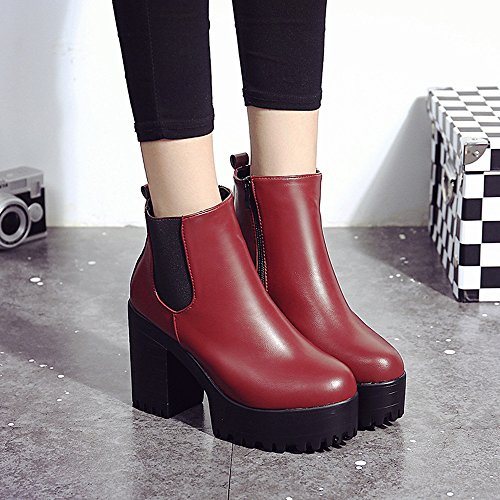 2018 Invierno Mujer Botines Tacon Alto Plataforma Zapatos Botas Martin de Cabeza Redonda (37 EU, Rojo)