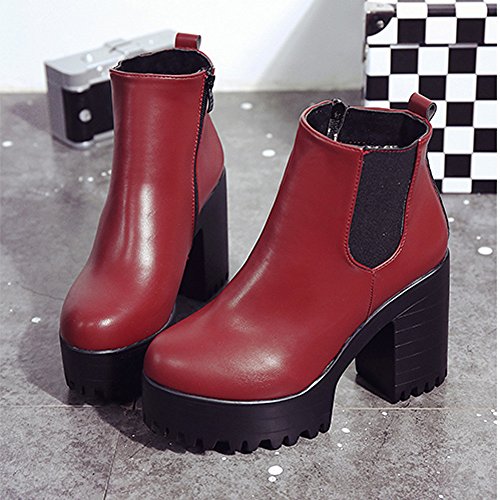 2018 Invierno Mujer Botines Tacon Alto Plataforma Zapatos Botas Martin de Cabeza Redonda (37 EU, Rojo)