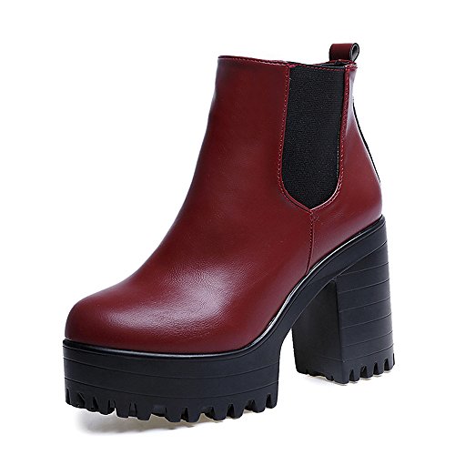 2018 Invierno Mujer Botines Tacon Alto Plataforma Zapatos Botas Martin de Cabeza Redonda (37 EU, Rojo)