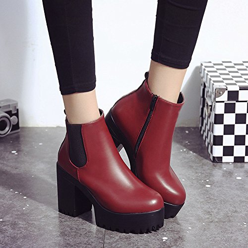 2018 Invierno Mujer Botines Tacon Alto Plataforma Zapatos Botas Martin de Cabeza Redonda (37 EU, Rojo)