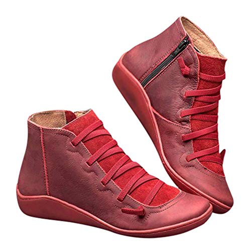 2019 Los Zapatos de Botines Planos para Mujer, Soporte del Arco, Cómodos Botines de Deslizamiento Plano para Mujer, Zapatos Casuales para Mujer Otoño Invierno con Hebilla con Cremallera (42, Rojo)