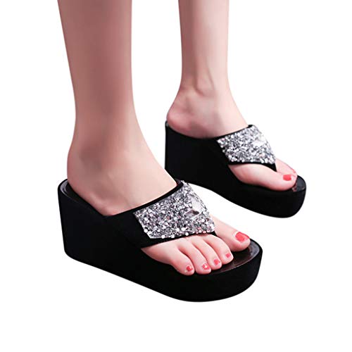 2019 Nuevo Moda Mujeres Chanclas Con Plataforma Cuña Sandalias Y Chanclas Elegante Con Rhinestone Zapatos Flip-Flop Antideslizante Chic Zapatillas De Verano 35-39(Negro, 39)