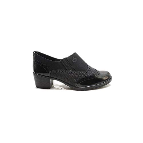24 Horas 22676 - Zapatos de Mujer de Piel Negra Grabada Acharolada con Tacón de Goma - 38, Negre