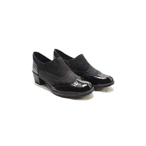 24 Horas 22676 - Zapatos de Mujer de Piel Negra Grabada Acharolada con Tacón de Goma - 38, Negre