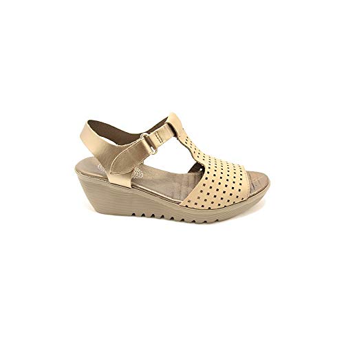 24 Horas 22898 - Sandalias con Plataforma y Cuña de Color Beig y Pequeños Agujeros Cierre Oro y Velcro - 35, Or