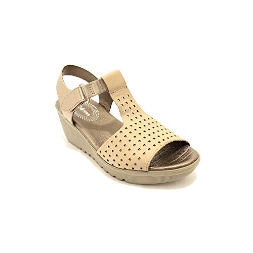 24 Horas 22898 - Sandalias con Plataforma y Cuña de Color Beig y Pequeños Agujeros Cierre Oro y Velcro - 35, Or