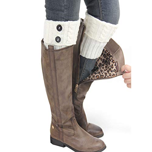 3 Pares Calentadores de Piernas de Invierno para Mujer, Calcetines con Puños de Punto para Botas de Ganchillo, Diseño de Botones Holgados, Calentadores de Tobillo Cortos - Blanco, Café, Gris