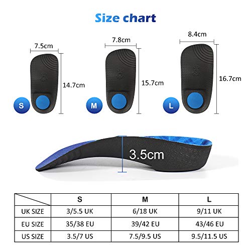 3/4 Plantillas de calzado ortopédico Soportes de arco alto Plantillas de zapatos para la fascitis plantar,Pie plano, Sobre-pronación,Alivio del dolor del talón para Hombre y Mujer (Azul, 42/44EU)