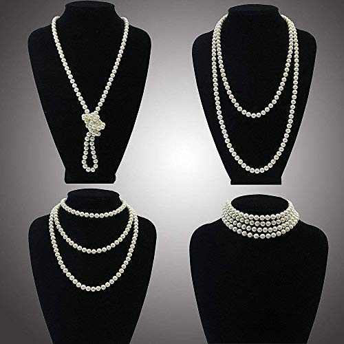 4 Piezas Juego de Accesorios Cabeza Vintage Guantes Largos de satén Collar de Perlas Soporte Largo para Mujer 1920s Charleston Gatsby Retro Disfraz (Negro)