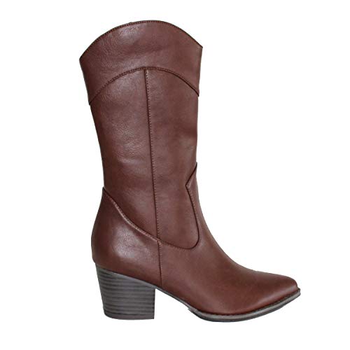42589-Bota de Mujer con Tacon Ancho, Comodos y Cierre de Cremallera Otono Iniverno 2019. Talla 37 Marron