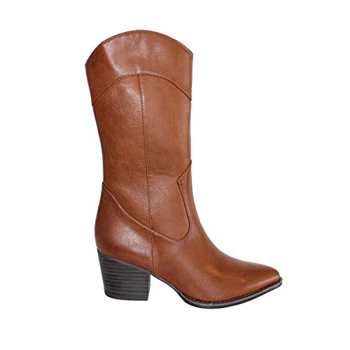 43374-Bota de Mujer con Tacon Ancho, Comodos y Cierre de Cremallera Otono Iniverno 2019. Talla 36 Camel
