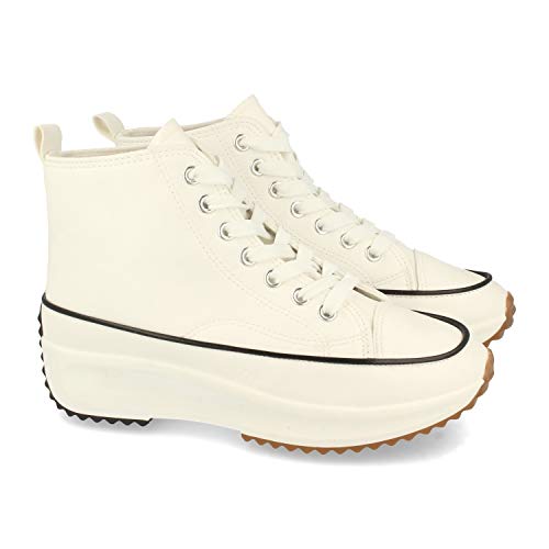 53757-Zapatilla Abotinada, Comodas, Estilo Bamba y Casual, de Polipiel, con Plataforma, Cierre de Cordones, Otono Invierno 2020. Talla 37 Blanco