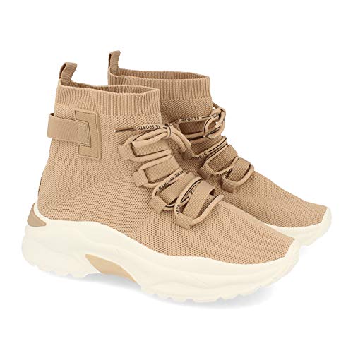 54339-Zapatilla Abotinada para Mujer, de Estilo Calcetin Elastico, y Cierre de Cordones, Otono Invierno 2020. Talla 41 Camel