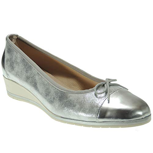 Abril 2020 Francesita Cuña Mujer Piel Zapato Cerrado Cuña 3,5Cm Vestir Piso Goma Antideslizante Plata Talla 41