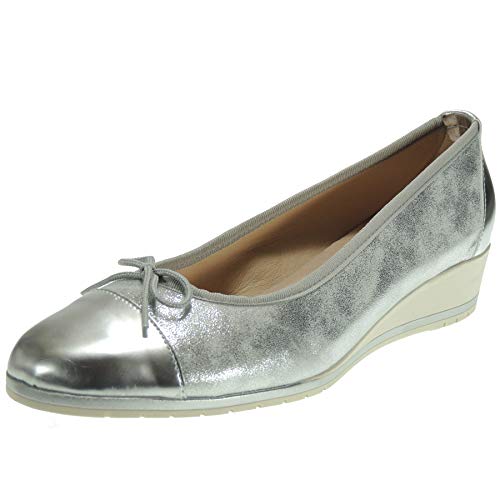 Abril 2020 Francesita Cuña Mujer Piel Zapato Cerrado Cuña 3,5Cm Vestir Piso Goma Antideslizante Plata Talla 41