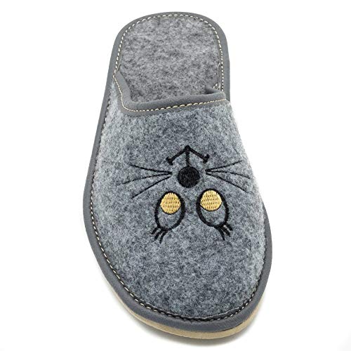 ABsoft - Pantuflas para mujer de 100 % fieltro con gatos bordados, color Gris, talla 40 EU