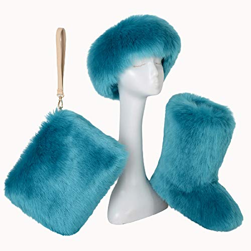 AELEGASN Moda Felpa Mullida Nieve Botas Imitación Piel Zorro Mujeres Cargadores Calientes Zapatos Femeninos Tobillo Plataforma Mujeres Botas Zapatos Señora Bolsa Cinta Cabeza Conjunto,6,36