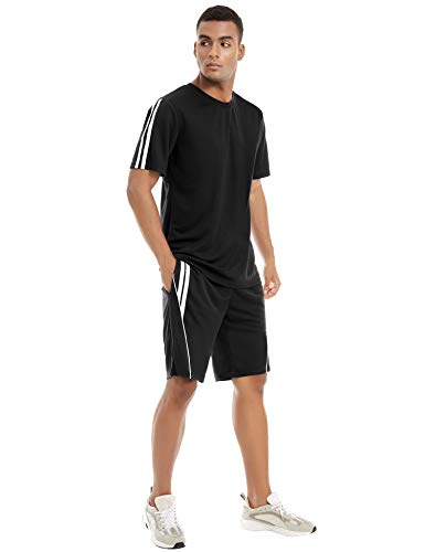 Aibrou Conjunto de Chándal Corto Raya Hombre,Verano Camiseta Manga y Pantalon Transpirable y de Secado rápido Ideal para Gym Correr Trotar Caminar