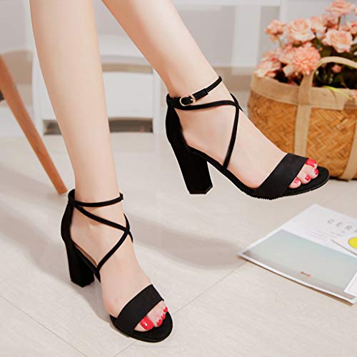 AIni Sandalias Mujer del Verano CóModos Zapatos Las Sandalias Moda Casual Tacones Altos TacóN 7cm Zapatos De Hebilla Cruzada Zapatos De Fiesta De Sexy Sandalias De Punta Abierta Beige Negro,34-39