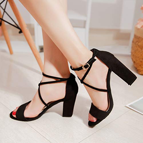 AIni Sandalias Mujer del Verano CóModos Zapatos Las Sandalias Moda Casual Tacones Altos TacóN 7cm Zapatos De Hebilla Cruzada Zapatos De Fiesta De Sexy Sandalias De Punta Abierta Beige Negro,34-39