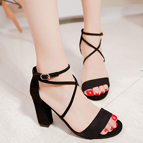 AIni Sandalias Mujer del Verano CóModos Zapatos Las Sandalias Moda Casual Tacones Altos TacóN 7cm Zapatos De Hebilla Cruzada Zapatos De Fiesta De Sexy Sandalias De Punta Abierta Beige Negro,34-39