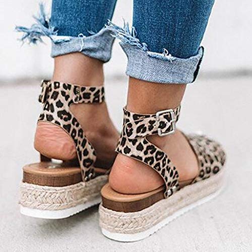 AIni Sandalias para Mujer Verano 2019 Plataforma CuñA CáñAmo Sandalias Zapatillas Leopardo Pisos CuñAs Zapatos De Playa con Punta Abierta Tobillo Roman Zapatos Bohemias Las Sandalias Planas 35-43
