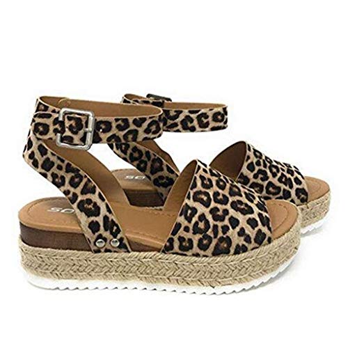 AIni Sandalias para Mujer Verano 2019 Plataforma CuñA CáñAmo Sandalias Zapatillas Leopardo Pisos CuñAs Zapatos De Playa con Punta Abierta Tobillo Roman Zapatos Bohemias Las Sandalias Planas 35-43