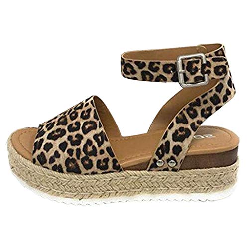 AIni Sandalias para Mujer Verano 2019 Plataforma CuñA CáñAmo Sandalias Zapatillas Leopardo Pisos CuñAs Zapatos De Playa con Punta Abierta Tobillo Roman Zapatos Bohemias Las Sandalias Planas 35-43