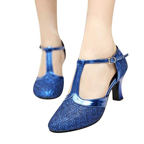 AIni Zapatos de Baile Latino para Mujer Tacones de Alto Rendimiento Zapatos con Hebilla Redonda Zapatos de Vestir Vintage Zapatos de Baile de Moda Talla Grande Negro, Plata, Oro, Azul, Café 35-41 EU