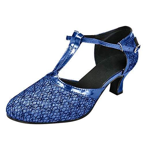 AIni Zapatos de Baile Latino para Mujer Tacones de Alto Rendimiento Zapatos con Hebilla Redonda Zapatos de Vestir Vintage Zapatos de Baile de Moda Talla Grande Negro, Plata, Oro, Azul, Café 35-41 EU