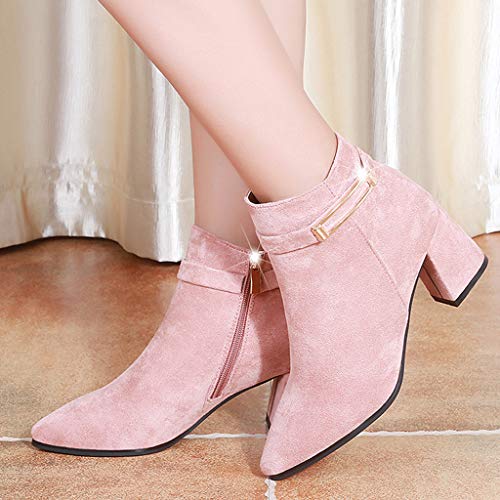 AIni Zapatos De Mujer Botas Elegantes De Color Liso Tacones Altos Puntiagudos Zapatos con Hebilla Botines De Ante Botas Cortas con Cremallera Lateral TacóN Ancho Alto 6CM Negro Rosa Caqui 35-40 EU