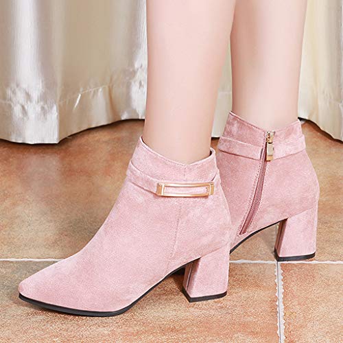 AIni Zapatos De Mujer Botas Elegantes De Color Liso Tacones Altos Puntiagudos Zapatos con Hebilla Botines De Ante Botas Cortas con Cremallera Lateral TacóN Ancho Alto 6CM Negro Rosa Caqui 35-40 EU