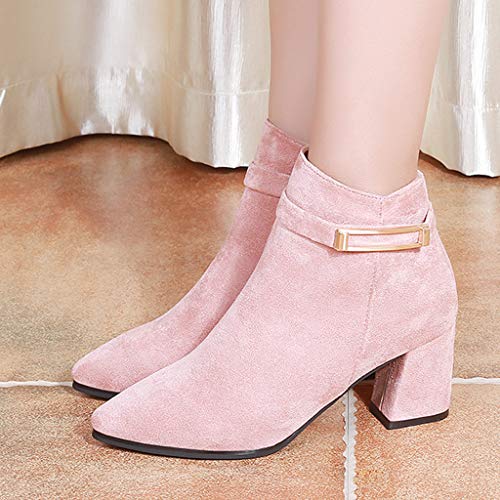 AIni Zapatos De Mujer Botas Elegantes De Color Liso Tacones Altos Puntiagudos Zapatos con Hebilla Botines De Ante Botas Cortas con Cremallera Lateral TacóN Ancho Alto 6CM Negro Rosa Caqui 35-40 EU