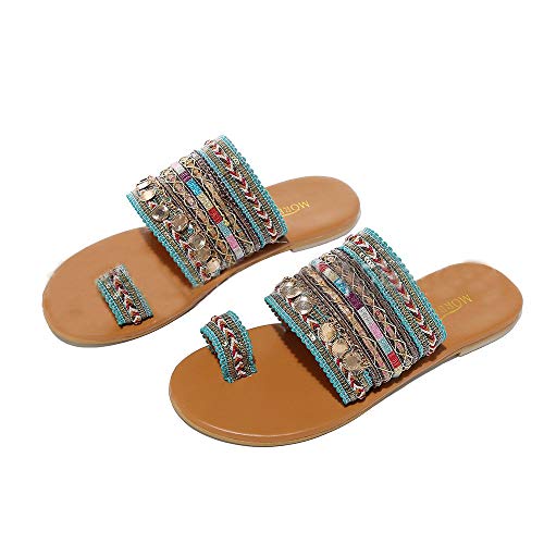 AIni Zapatos De Playa Verano Mujer Sandalias Estampadas Estilo Etnico Sandalias Bohemias Zapatillas Planas De TacóN Bajo Zapatos Planos De Estilo Europeo Y Americano Sandalias De Punta Abierta 35-43