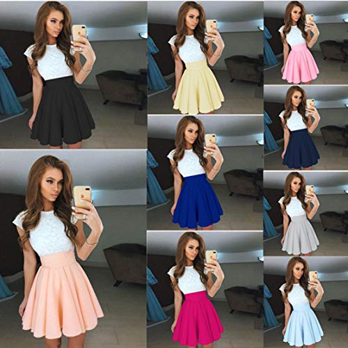 Ajpguot Verano Mujer Cuello Redondo Manga Corta Corto Vestido de Encaje Alinear Vestido de Drapeado Elegante Mini Vestidos de Fiesta Cóctel (S, Gris)