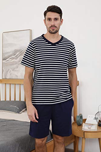 Akalnny Pijama Hombre Corto Rayas con Manga Corta Conjunto de Pijama Algodón Suave Cómodo Ropa de Dormir Estar por Casa Cintura Elástica Bolsillos