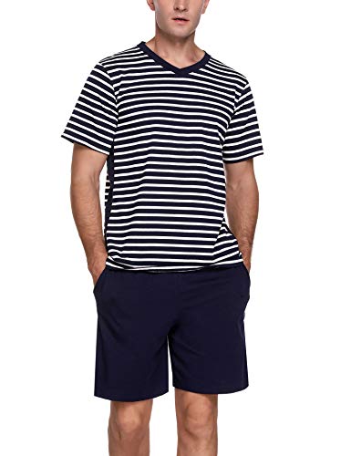 Akalnny Pijama Hombre Corto Rayas con Manga Corta Conjunto de Pijama Algodón Suave Cómodo Ropa de Dormir Estar por Casa Cintura Elástica Bolsillos