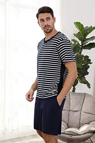 Akalnny Pijama Hombre Corto Rayas con Manga Corta Conjunto de Pijama Algodón Suave Cómodo Ropa de Dormir Estar por Casa Cintura Elástica Bolsillos