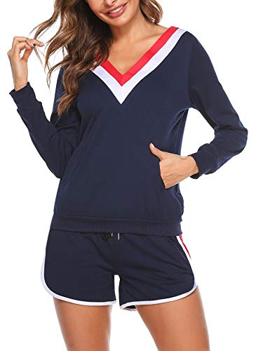 Akalnny Ropa deportiva de Algodón para Mujer de Verano Camiseta de Manga Larga con Cuello en V para Mujeres + Pantalones Cortos a Rayas Ropa Deportiva, Trajes Casuales con Bolsillos（azul marino,L）
