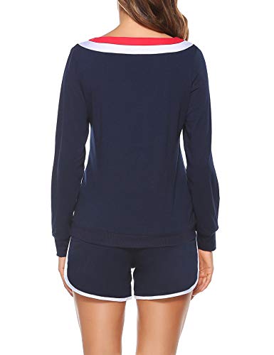 Akalnny Ropa deportiva de Algodón para Mujer de Verano Camiseta de Manga Larga con Cuello en V para Mujeres + Pantalones Cortos a Rayas Ropa Deportiva, Trajes Casuales con Bolsillos（azul marino,L）