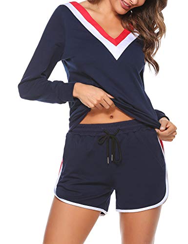 Akalnny Ropa deportiva de Algodón para Mujer de Verano Camiseta de Manga Larga con Cuello en V para Mujeres + Pantalones Cortos a Rayas Ropa Deportiva, Trajes Casuales con Bolsillos（azul marino,L）
