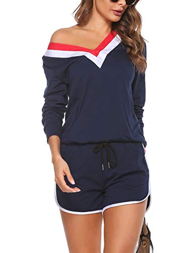 Akalnny Ropa deportiva de Algodón para Mujer de Verano Camiseta de Manga Larga con Cuello en V para Mujeres + Pantalones Cortos a Rayas Ropa Deportiva, Trajes Casuales con Bolsillos（azul marino,L）