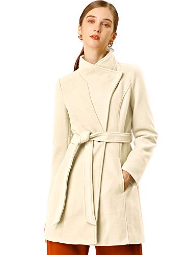 Allegra K Abrigo Largo con Cinturón De Invierno Cuello Alto Manga Larga Clásico para Mujeres Beige M