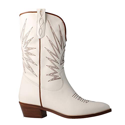 ALPE 4571 - Bota Tejana Piel Blanca con Dibujo PESPUNTEADO para Mujer Color: Blanco Talla: 36 EU