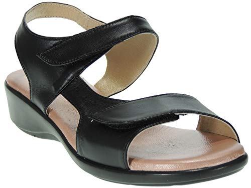 Amelie 404A Sandalia Piel | Comodona Ancho Especial | Cuña de 4 Cm con Planta Gel | Ajustes con Velcro | para Mujer Negro Talla 38
