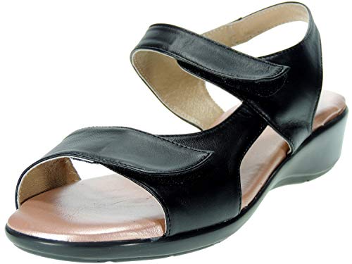 Amelie 404A Sandalia Piel | Comodona Ancho Especial | Cuña de 4 Cm con Planta Gel | Ajustes con Velcro | para Mujer Negro Talla 38