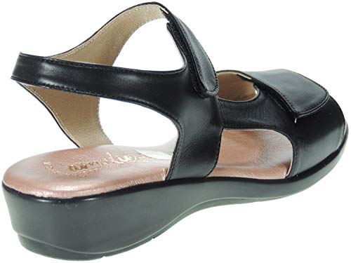 Amelie 404A Sandalia Piel | Comodona Ancho Especial | Cuña de 4 Cm con Planta Gel | Ajustes con Velcro | para Mujer Negro Talla 38