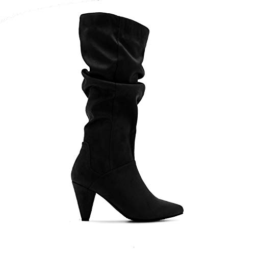 Andrés Machado – Botas de Invierno en simil Ante para Mujer/Adolescente - Caña Alta y Arrugada - AM4122 – Cierre de Cremallera Interior - Tacón Cono Ancho - Negro, EU 43