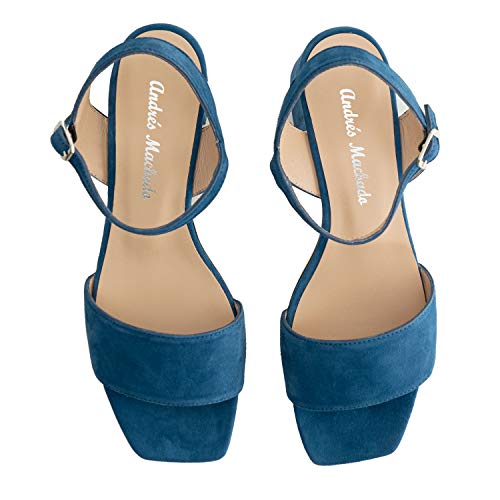 Andres Machado Sandalias de tacón Ancho para Mujer/Chica - Calzado de señora - en Piel de Ante Color Azul, Talla 44 EU