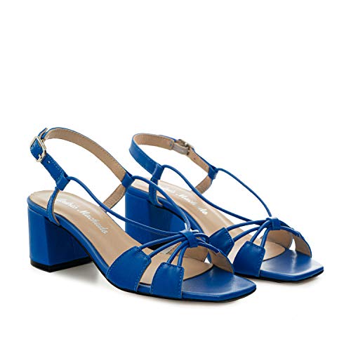 Andres Machado Sandalias de Tiras con tacón Ancho Retro de Mujer/Chica - Zapatos de señora - en Piel Color azulón, Talla 44 EU